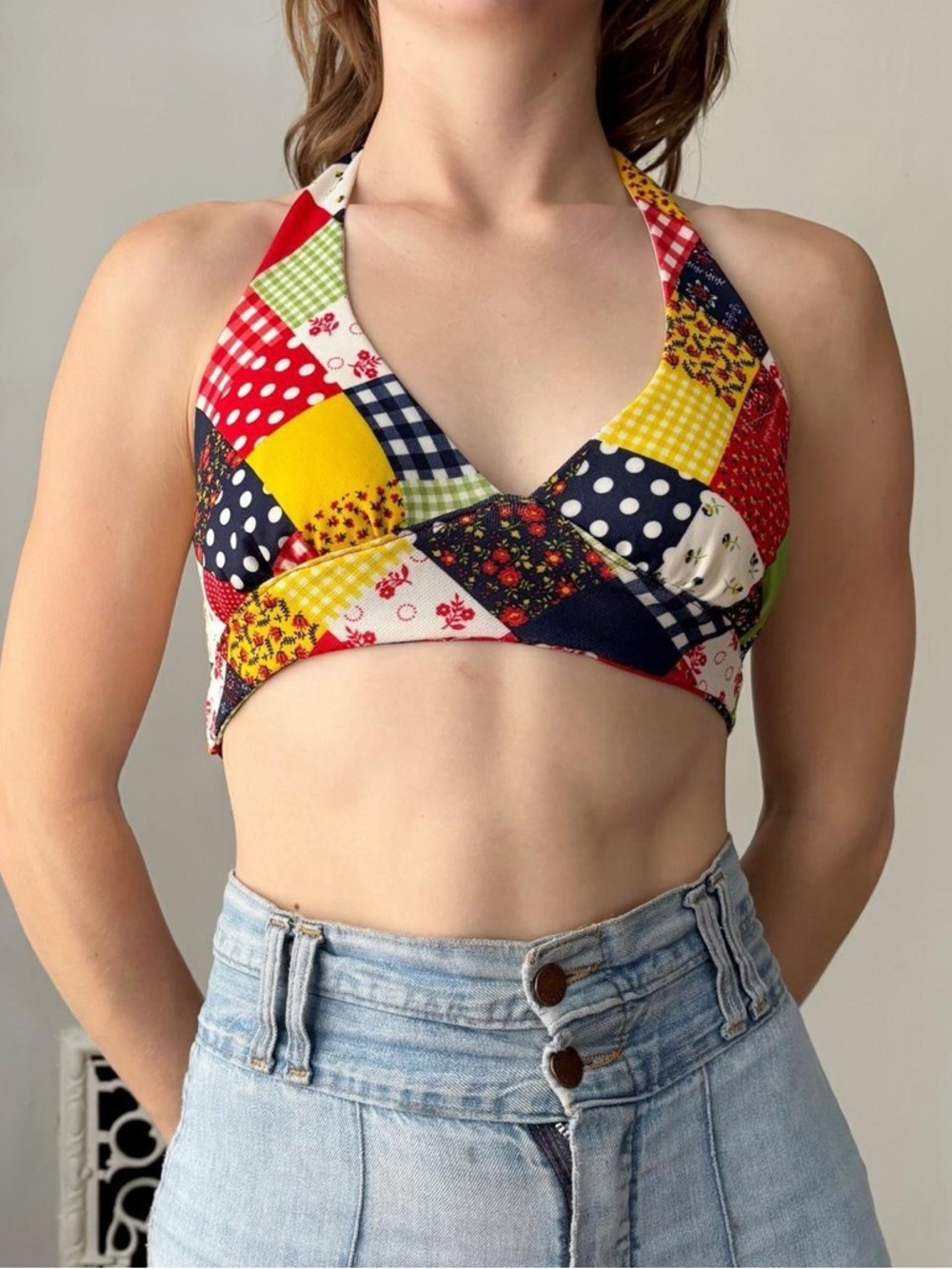 Vintage 70s retro boho hippie patchwork floral halter crop top